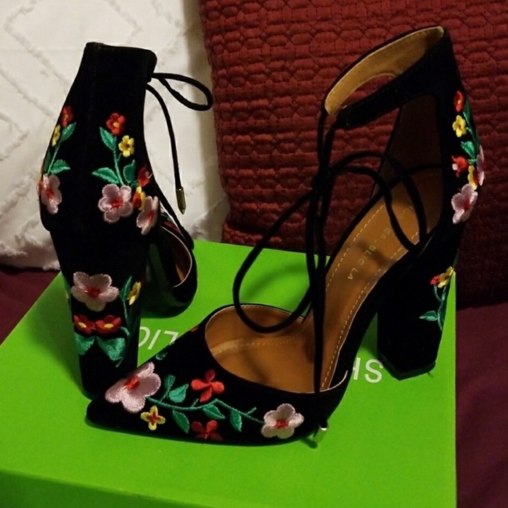 Floral Embroidered Block Heel